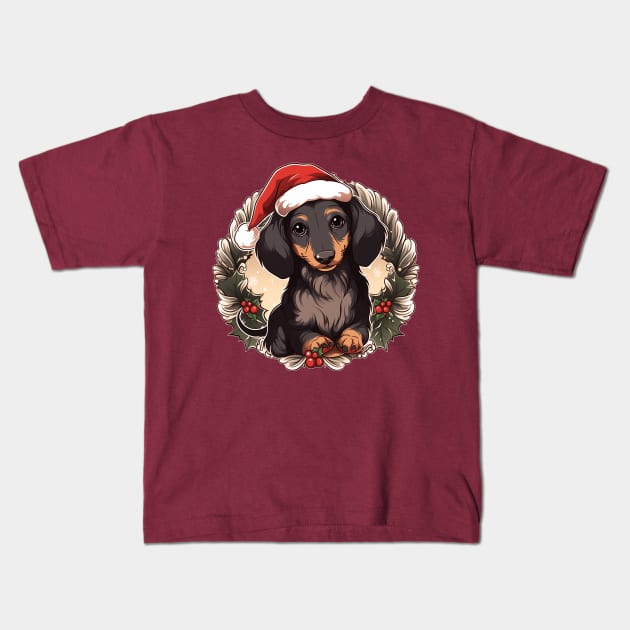 Dachshund Christmas Wreath Kids T-Shirt by Seraphine